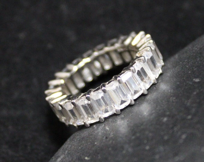 Top Selling Sterling Eternity Band Ring with Emerald Cut CZ's, 925 Rhodium Plated CZ Eternity Band Ring, New Ring, 5 x 3mm cubic zirconia