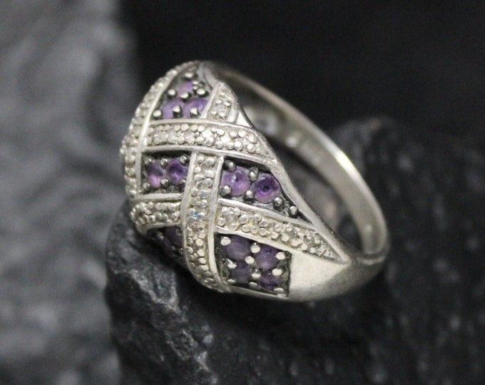 Sterling Silver Purple Amethyst and White CZ Domed Cocktail Ring Size 7, Sterling Silver Amethyst Ring, Purple Gemstone Cocktail Ring