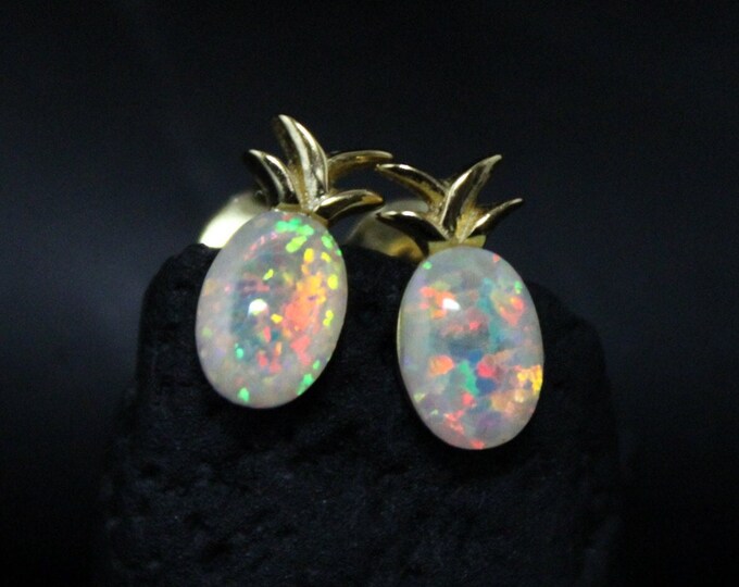 Gold Over Sterling Silver Dainty Pineapple Synthetic Opal Stud Earrings, Pineapple Jewelry, Gold Opal Earrings, October Birthstone,