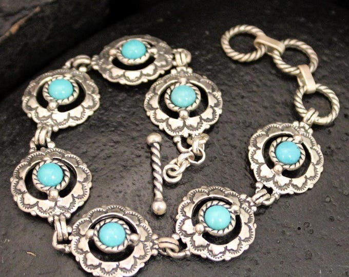 Vintage Sterling Silver Blue Stone Medallion Style Link Bracelet, VTG 925 Southwestern Flower Design Adjustable Length Bracelet, 8.25 inches