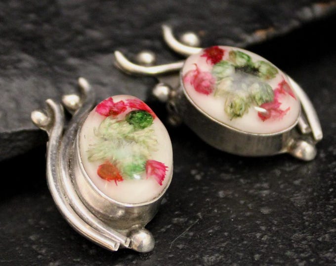 Vintage Sterling Silver Preserved Flower Clip On Earrings, VTG 925 MEXICO Floral Non-Pierced Earrings, Mexican Silver Clip Ons