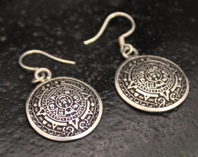 Vintage Sterling Silver Mayan Calendar Dangle Earrings, VTG 925 MEXICO Oxidized Medallion Drop Earrings, Mexican Silver Unisex Earrings