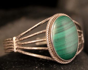Vintage Sterling Silver & Malachite Cuff, 925 Green Stone 5 Band Style Bracelet, Silver And Gemstone Boho Jewelry