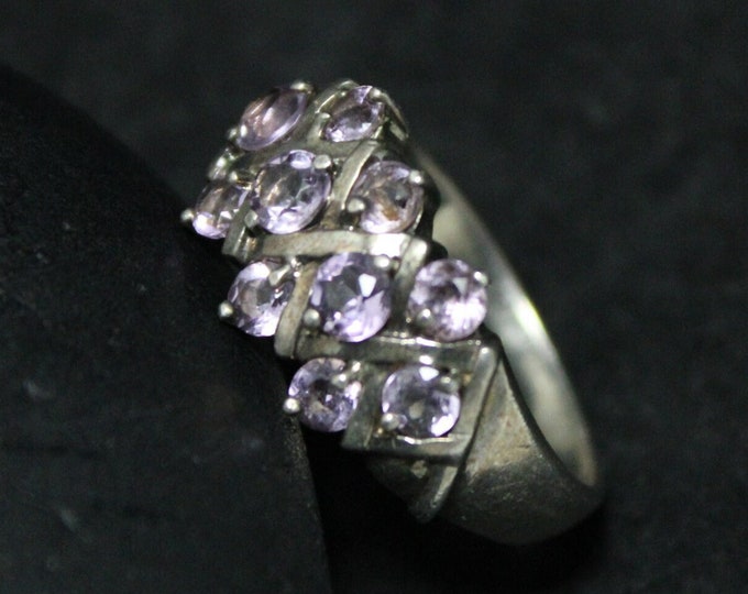 Modernist Sterling Silver Lavender Amethyst Cluster Ring Size 8, Amethyst Sterling Statement Ring, February Birthstone Ring, Purple Gemstone