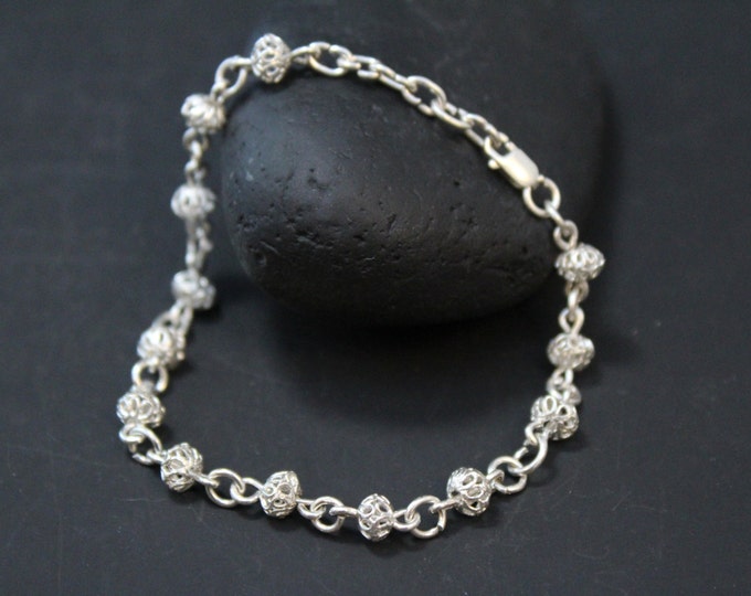 Sterling Silver Lightweight Filigree Beaded Link Bracelet