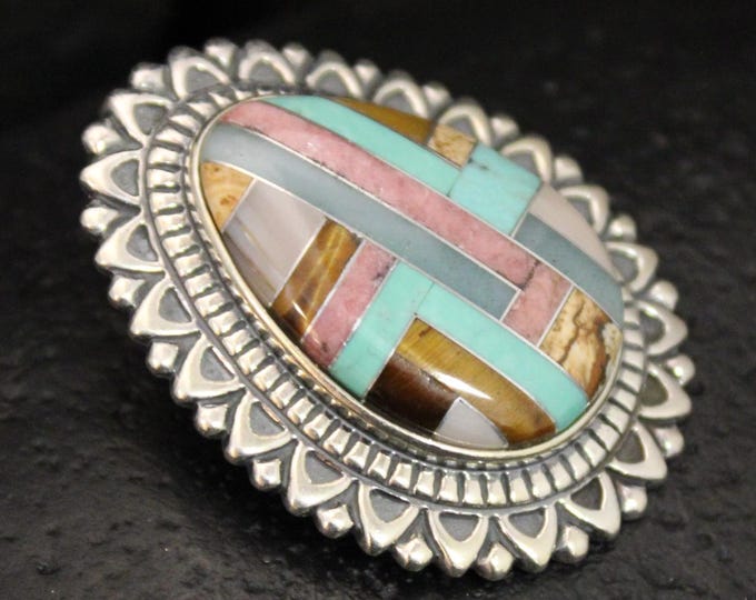 VTG 925 Artist Signed Carolyn Pollack MultiStone Inlay Enhancer Pendant, Vintage Sterling Silver Gemstone Mosaic Southwestern Boho Pendant