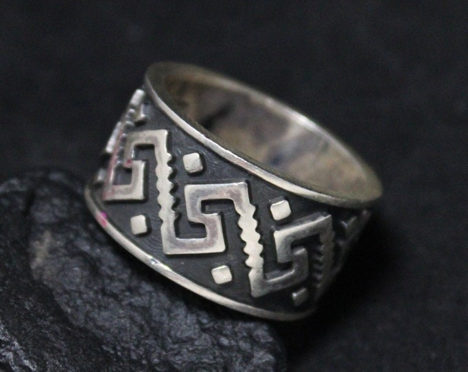 Sterling Silver Vintage TAXCO Greek Key Design Wide Ring Size 9, Sterling Silver Ring, Bold Sterling Wide Ring, Greek Key Jewelry