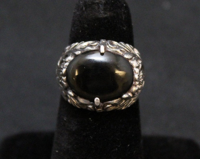 Sterling Silver Floral Cut Out Onyx Ring, Sterling Silver Floral Cut Out Ring, Sterling Silver Onyx Ring, Cut Out Onyx Ring