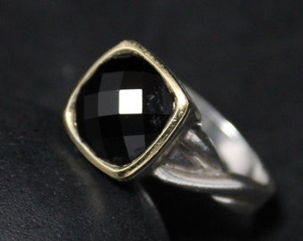 Sterling Silver and 18K Yellow Gold Designer Lorenzo Faceted Onyx Cocktail Ring, Sterling Silver Onyx Ring, Gold Silver Black Ring, Lorenzo