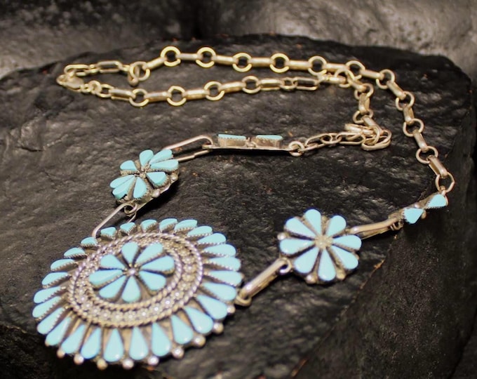 ARTIST SIGNED A. Puinto Zuni Vintage Sterling Silver Blue Stone Necklace, VTG Native American 925 Blue Stone Southwestern 19" Necklace