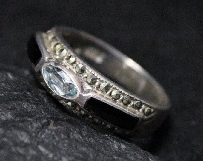 Sterling Silver Art Deco Onyx Topaz and Marcasite Ring Size 7, Sterling Silver Marcasite Ring, Sterling Art Deco Jewelry, Vintage Onyx