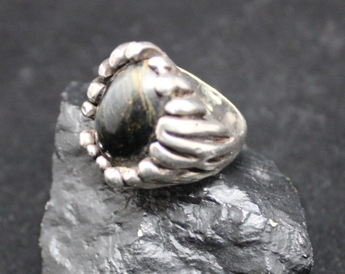 Sterling Ring Tiger's Eye, Brutalist Style Vintage Cat's Eye 925 Ring Size 7.5