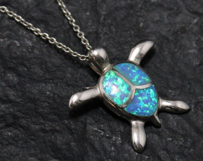 Sterling Silver Synthetic Opal Turtle Necklace, Silver Turtle Jewelry, Synthetic Opal Silver Jewelry, Hawaii Necklace, Beach Jewelry