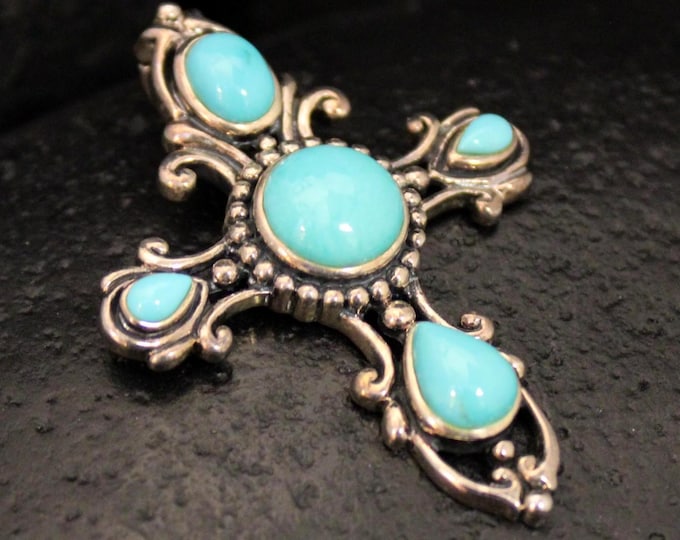 Vintage Sterling Silver Blue Stone Cross Enhancer Pendant, VTG 925 Blue Cabochon Ornate Southwestern Cross Pendant, Boho Style Cross