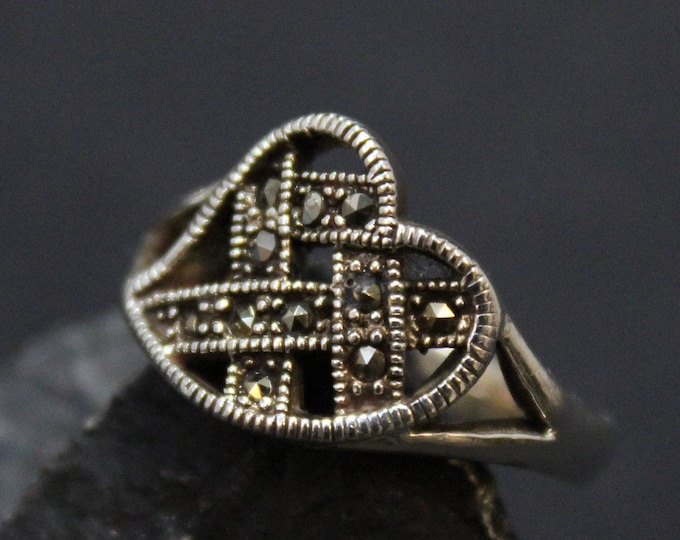Sterling Silver Marcasite Heart Ring, Sterling Silver Heart Ring, Heart Shaped Ring, Valentine's Day Gift, Art Deco Ring, Heart Jewerly