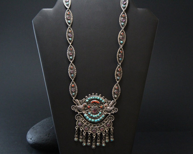 Signed Sterling Silver Matl Poulat Style Long Taxco Bejeweled Necklace with Amethyst, Coral, and Turquoise