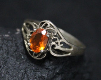Sterling Silver Filigree Oval Orange Gemstone Ring, Sterling Silver Swirl Ring, Silver Orange Gemstone Jewelry, Vintage Filigree Jewelry