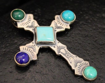 Vintage Sterling Silver Blue & Green Stone Cross Pendant, VTG 925 Southwestern Boho MultiGem Engraved Cross, 2 inches long