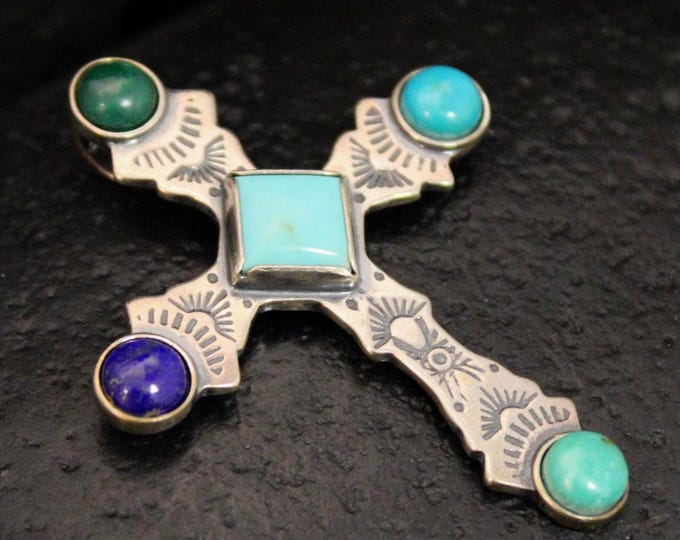 Vintage Sterling Silver Blue & Green Stone Cross Pendant, VTG 925 Southwestern Boho MultiGem Engraved Cross, 2 inches long