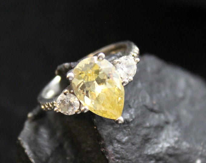 Sterling Silver Pear Shape Yellow CZ Engagement Ring, With Round Brilliant CZ Side Stones, Ladies Bling Engagement Ring