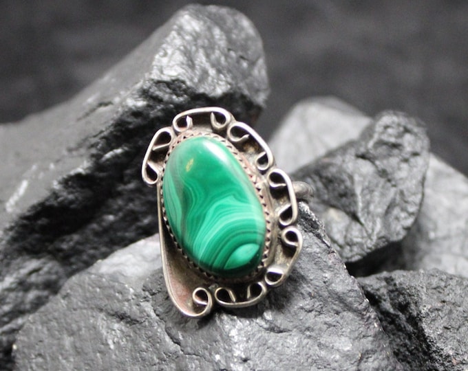 925 Sterling Silver Malachite Gemstone Ring, Green Agate Pattern Ring, Malachite Floral Ring, Southwestern Ring, Green Stone Ring