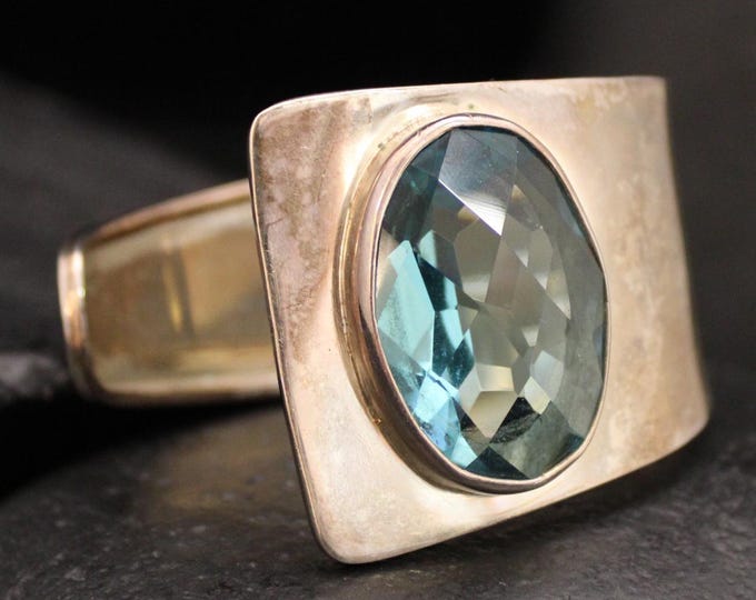 Vintage Modernist Sterling Silver Statement Cuff with Giant Blue Gemstone, VTG 925 Asymmetrical Avant Garde Blue Stone Cuff Bracelet