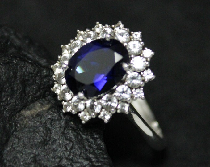 Sterling Silver Oval Lab Created Blue and White Sapphire Double Halo Cocktail Ring Size 7, Sapphire Jewelry, Blue Sapphire Statement Ring