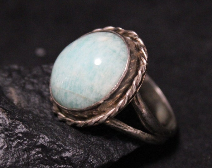 Sterling Silver Amazonite Boho Ring With Rope Border, Sterling Silver Amazonite Jewelry, Vintage Amazonite Ring, Blue Gemstone Ring