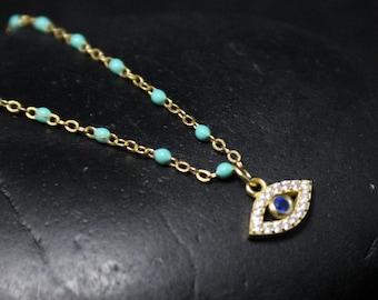 Dainty Gold Overlay Sterling Silver Evil Eye CZ Necklace With Adjustable Chain, Gold Evil Eye, Evil Eye Jewelry, Protection Jewelry