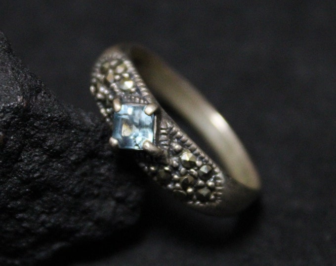 Sterling Silver Princess Cut Blue Topaz and Marcasite Ring Size 8, Sterling Silver Topaz Jewelry, December Birthstone Jewelry, Vintage Ring