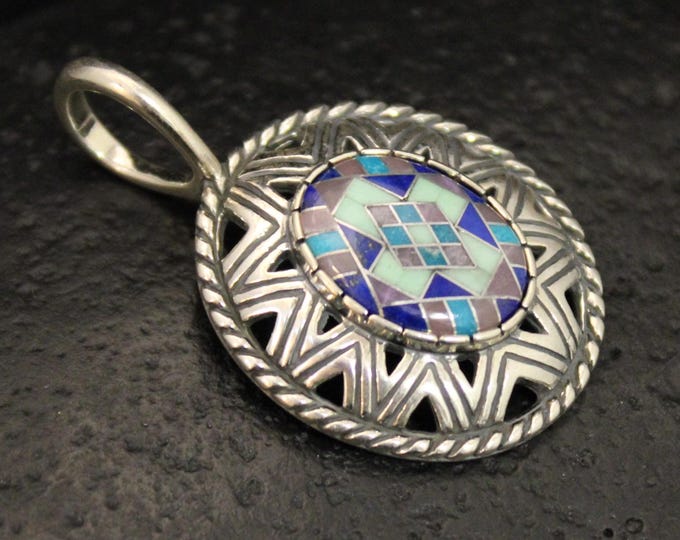 VTG 925 Artist Signed Carolyn Pollack Gemstone Inlay Pendant, CP Vintage Sterling Silver Southwestern Mosaic Gem Medallion Pendant