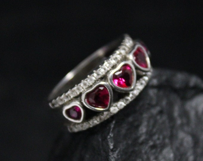 Sterling Silver Bezel Set Ruby and CZ Heart Gemstone Ring, Sterling Silver Heart Jewelry, Ruby Jewelry, Lab Grown Red Ruby Silver Ring