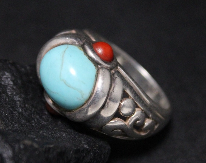 Sterling Silver Turquoise and Red Coral Filigree Ring Size 7, Sterling Silver Turquoise Jewelry, Sterling Coral Jewelry, Sterling Boho Ring