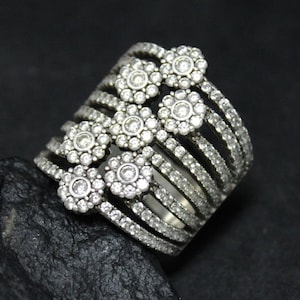 Sterling Silver Flower CZ Wide Cocktail Ring Size 7, Silver CZ Jewelry, Sterling Silver Statement Ring, Silver Pave Gemstone Ring