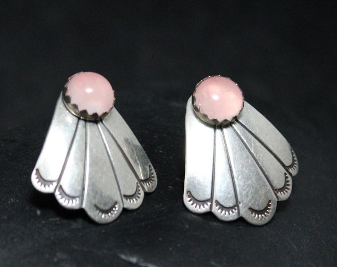 Sterling Silver Rose Quartz Stud Earrings with Detachable Stamped Wing Accent, Southwest Sterling Earrings, Sterling Rose Quartz Jewelry