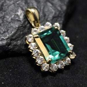 Gorgeous Emerald Cut Green Quartz and CZ Halo Pendant Gold Plated Sterling Silver, Emerald Cut 12x10 mm Pendant, Green Gem Pendant with Halo