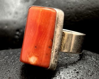 VTG Red Gemstone Sterling Silver Ring, Vintage Chunky 925 Silver Southwestern Statement Ring, Antique Bezel Gemstone Geometric Unisex Ring