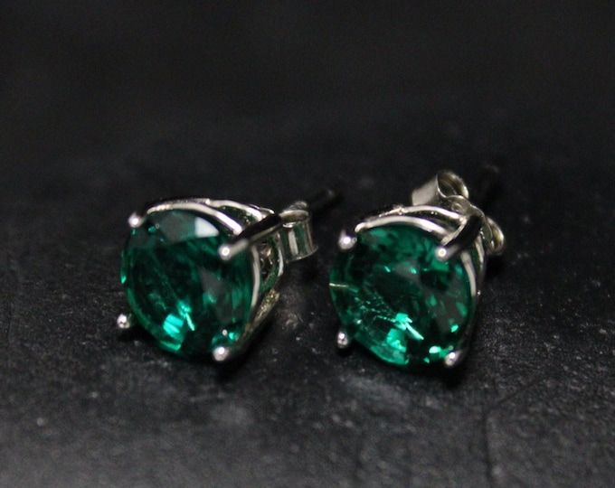 Sterling Silver 7mm Round Lab Created Emerald Stud Earrings, 7 MM Round Emerald Cut Stud Earrings, Emerald Jewelry, May Birthstone Jewelry