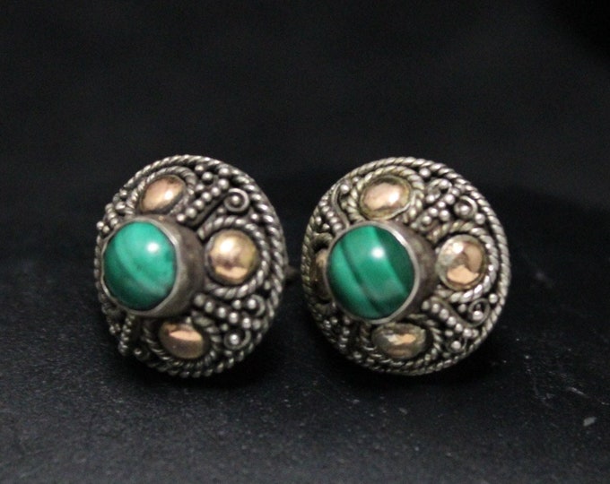 Sterling Silver and Gold Accent Vintage Balinese Malachite Stud Earrings, Vintage Sterling Bali Jewelry, Sterling Silver Malachite Jewelry