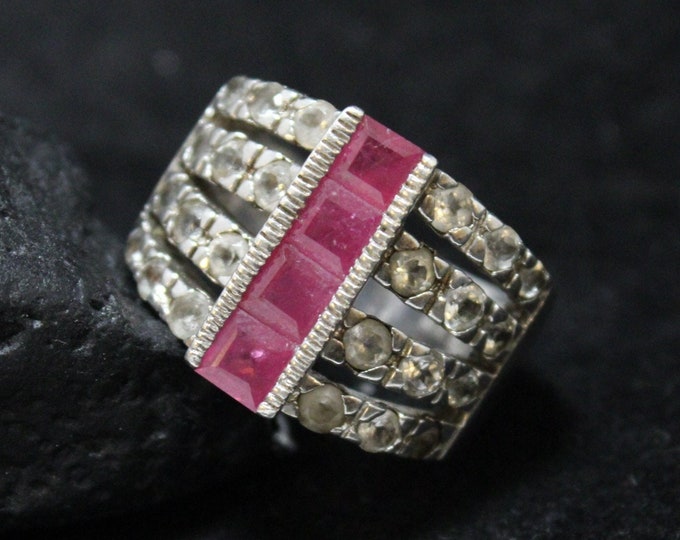 Vintage Sterling Silver Ruby and CZ Statement Ring, Ruby Cocktail Ring, Channel Set Ruby Contemporary Ring, Vintage Ruby Ring