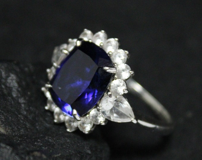 Sterling Silver Cushion Lab Created Blue and White Sapphire Halo Cocktail Ring Size 7, Sapphire Jewelry, Blue Sapphire Statement Ring,