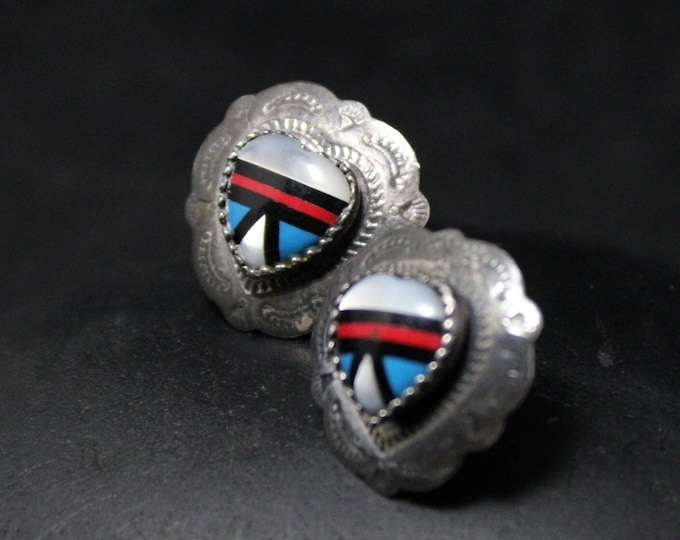 Sterling Silver Vintage Southwest Inlay Heart Earrings With Turquoise, Coral, Mother of Pearl, Onyx Inlay, Turquoise Inlay Jewelry, Heart