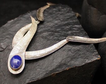 Vintage Sterling Silver & Blue Stone Feather Statement Necklace, VTG 925 Southwest Boho 24 inch Necklace, Blue Gemstone Cabochon Jewelry