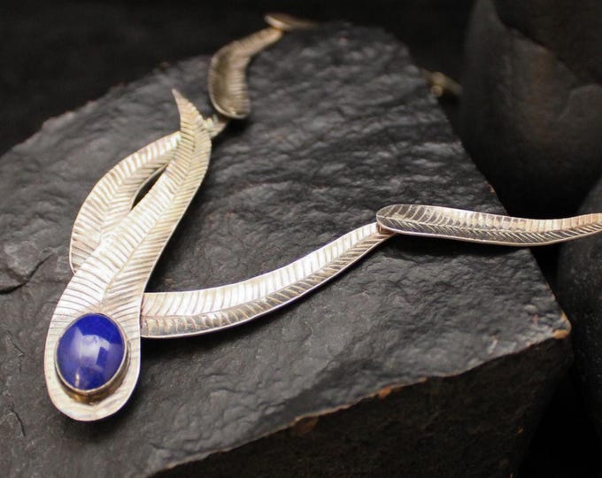 Vintage Sterling Silver & Blue Stone Feather Statement Necklace, VTG 925 Southwest Boho 24 inch Necklace, Blue Gemstone Cabochon Jewelry
