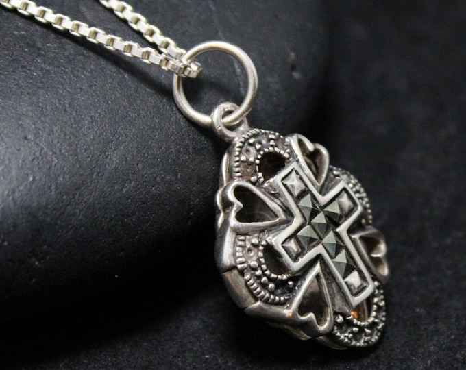 Sterling Silver Marcasite Cross Locket, Sterling Cross Locket, Sterling Marcasite Necklace, Vintage Heart Locket, Sterling Silver Locket