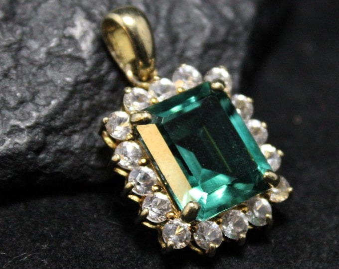 Gorgeous Emerald Cut Green Quartz and CZ Halo Pendant Gold Plated Sterling Silver, Emerald Cut 12x10 mm Pendant, Green Gem Pendant with Halo