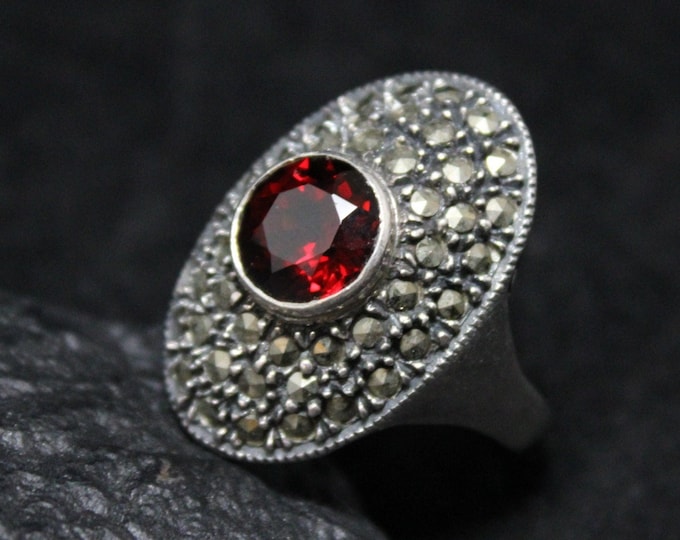 Sterling Silver Art Deco Marcasite and Garnet Cocktail Ring, Sterling Silver Garnet Ring, Sterling Garnet Jewelry, January Birthday Gift