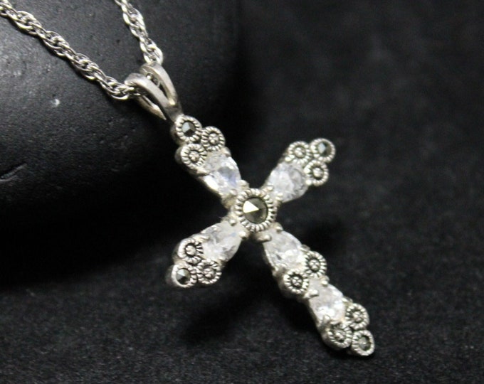 Sterling Silver Cubic Zirconia Marcasite Dainty Cross Necklace, Marcasite Cross Pendant, Sterling Silver Simple Minimalist Cross Necklace,