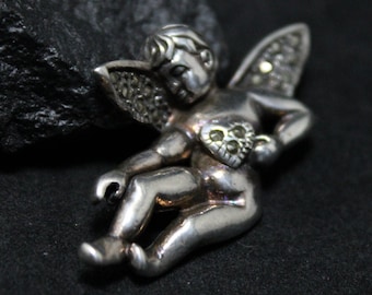 Sterling Silver Angel Baby Brooch Pin With Marcasite, Sterling Cherub Brooch, Marcasite Cherub, Miscarriage Jewelry, Miscarriage Brooch
