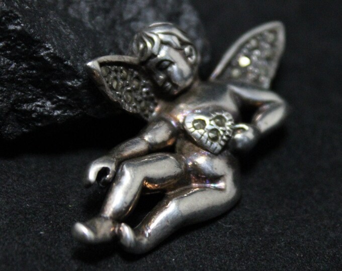 Sterling Silver Angel Baby Brooch Pin With Marcasite, Sterling Cherub Brooch, Marcasite Cherub, Miscarriage Jewelry, Miscarriage Brooch